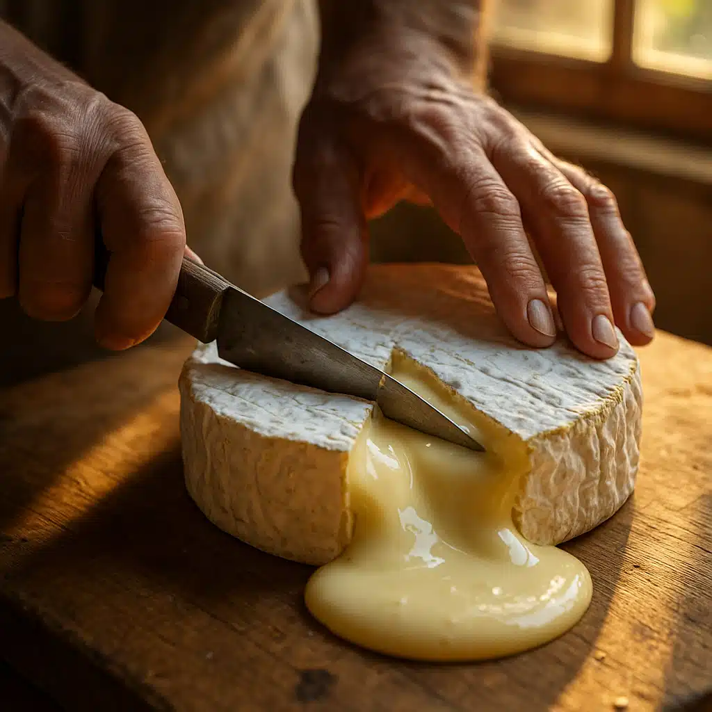 Artisan hands cutting into a perfectly aged wheel of homemade Camembert cheese, showing the knife gliding through the white rind and the creamy interior beginning to flow, warm sunlight streaming through window, intimate and rewarding moment