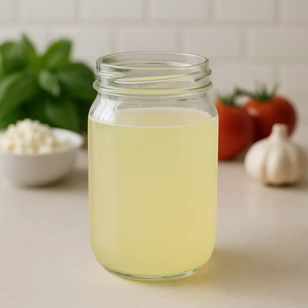 Clear glass container filled with pale yellowish liquid whey on a clean kitchen counter with fresh ingredients in the background, natural lighting, minimalist aesthetic