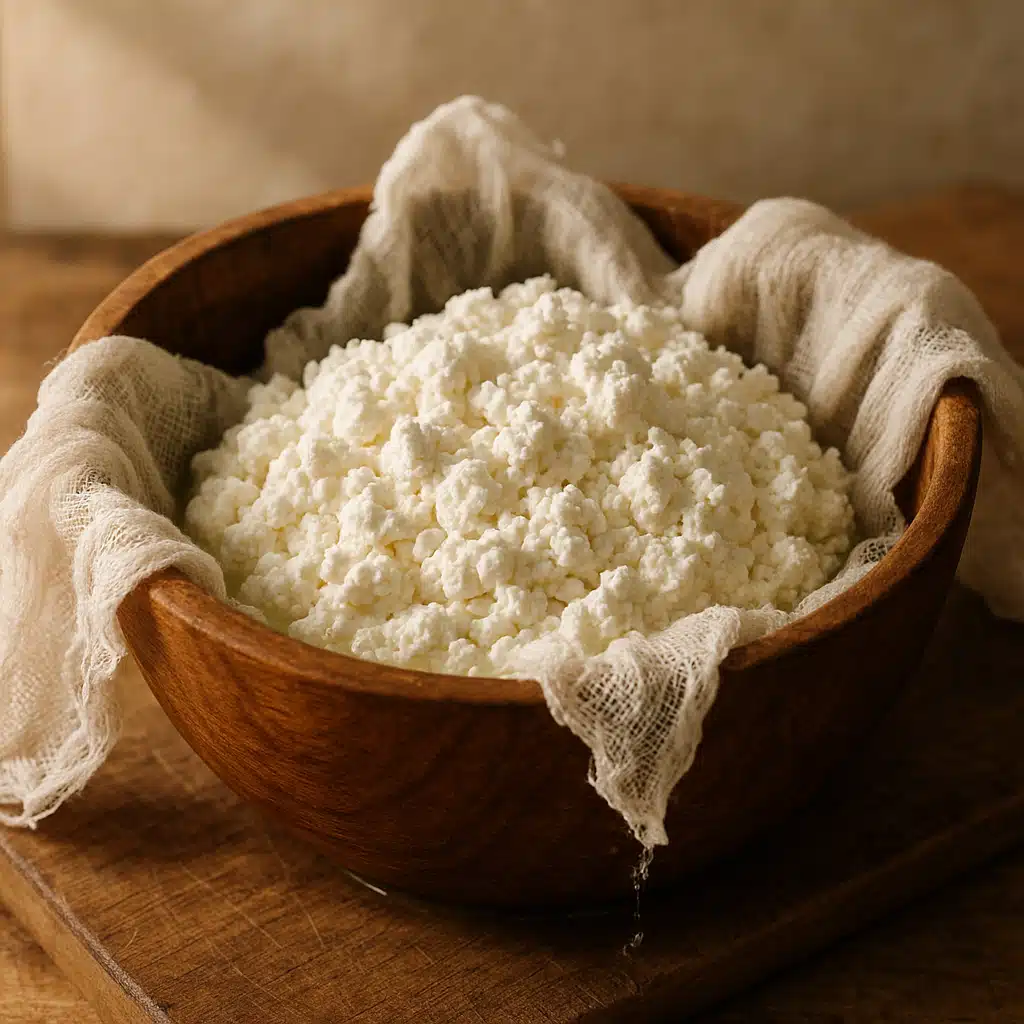 Close-up of fresh homemade ricotta cheese in a rustic wooden bowl with whey draining through cheesecloth, natural kitchen lighting, artisanal food photography style