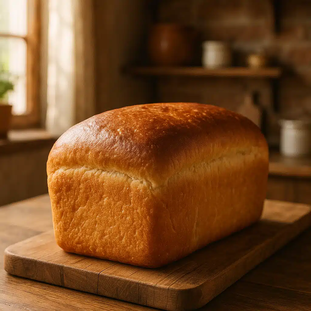 Close-up of freshly baked golden-brown sandwich bread loaf on a wooden cutting board with a rustic kitchen background, natural daylight, warm and inviting atmosphere