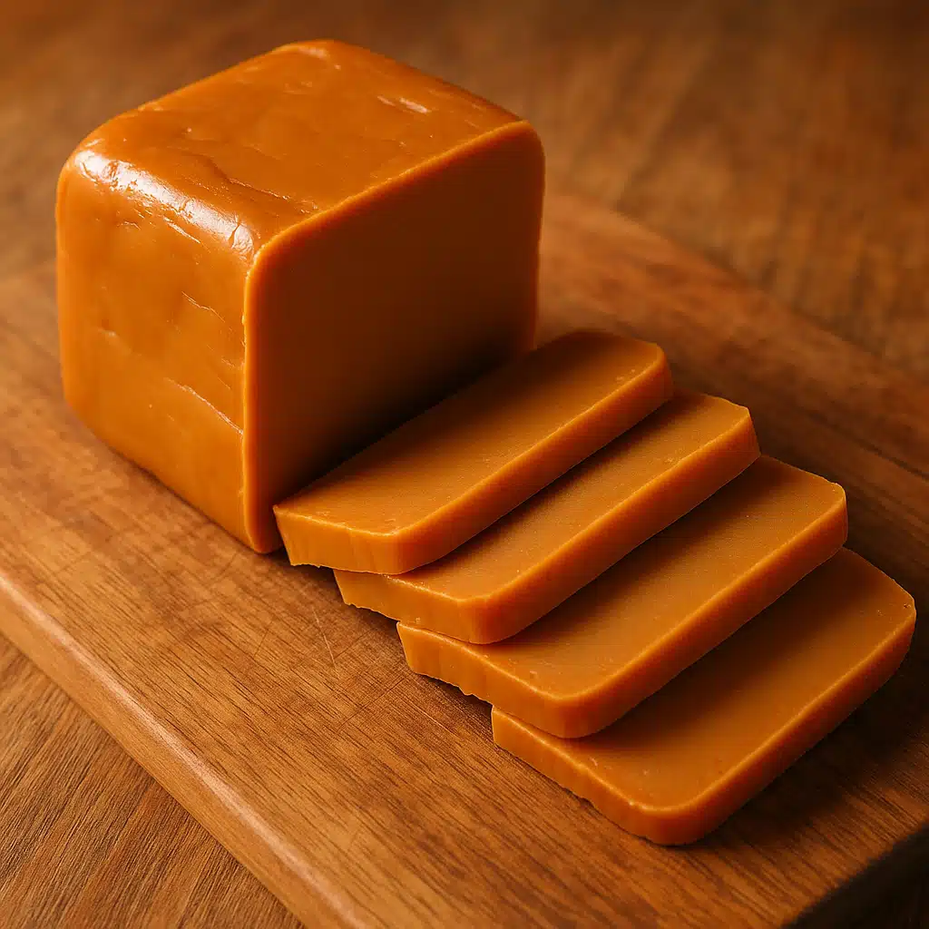 Close-up of sliced brown caramel-colored cheese with smooth fudge-like texture on a wooden cutting board, warm natural lighting, appetizing food photography style