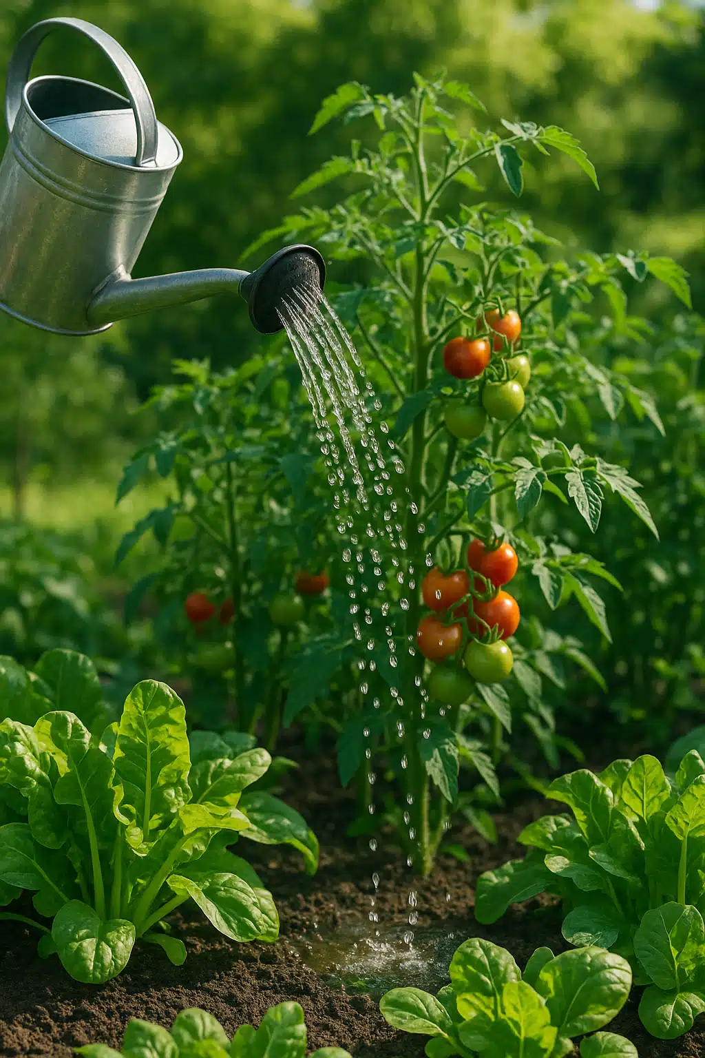 Watering can pouring diluted liquid onto healthy vegetable garden with tomato plants and leafy greens, sunny outdoor setting, vibrant green colors