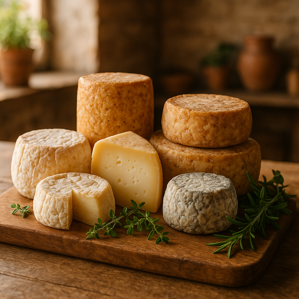 Assortment of homemade artisan cheeses on a wooden board with fresh herbs, rustic kitchen setting, natural lighting, warm and inviting atmosphere