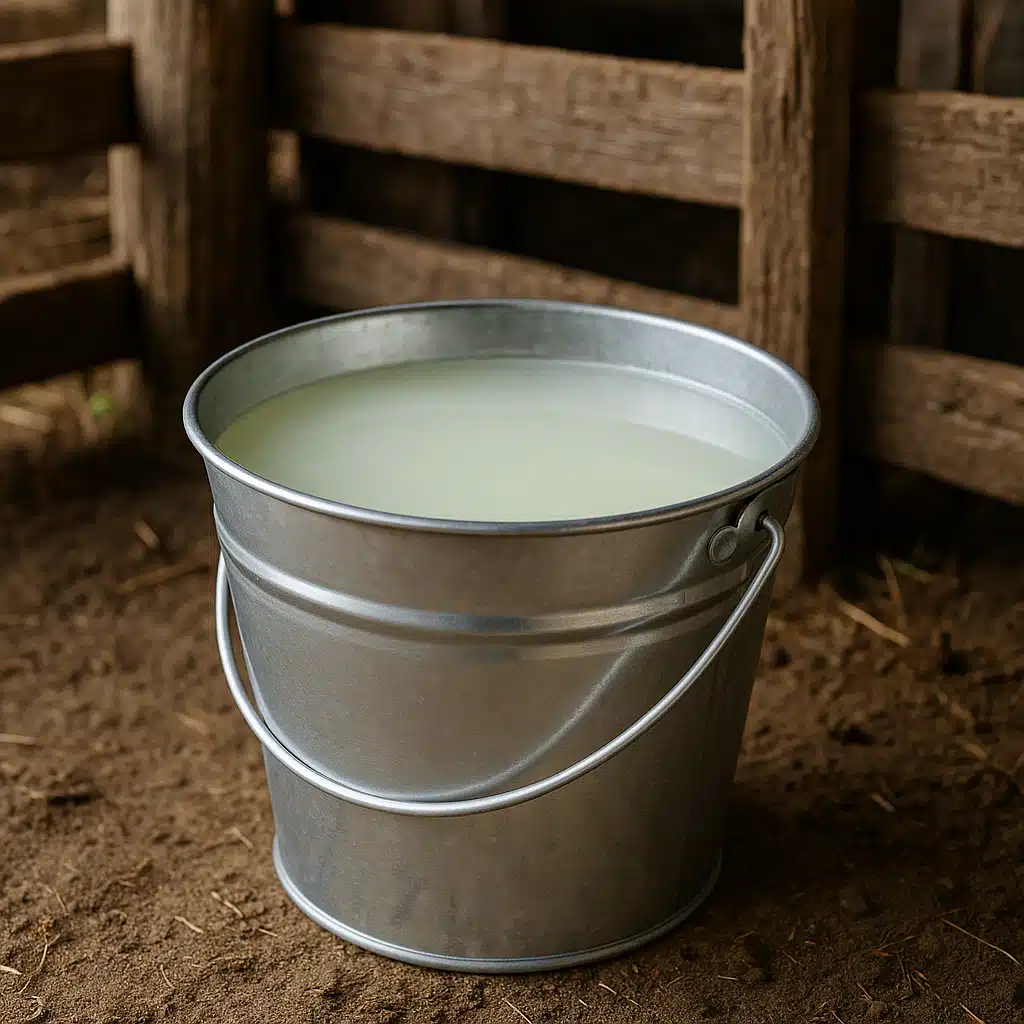 A clean metal bucket filled with fresh liquid whey, semi-transparent white color, placed in a rustic farm setting with wooden fence in background, natural daylight, agricultural photography style