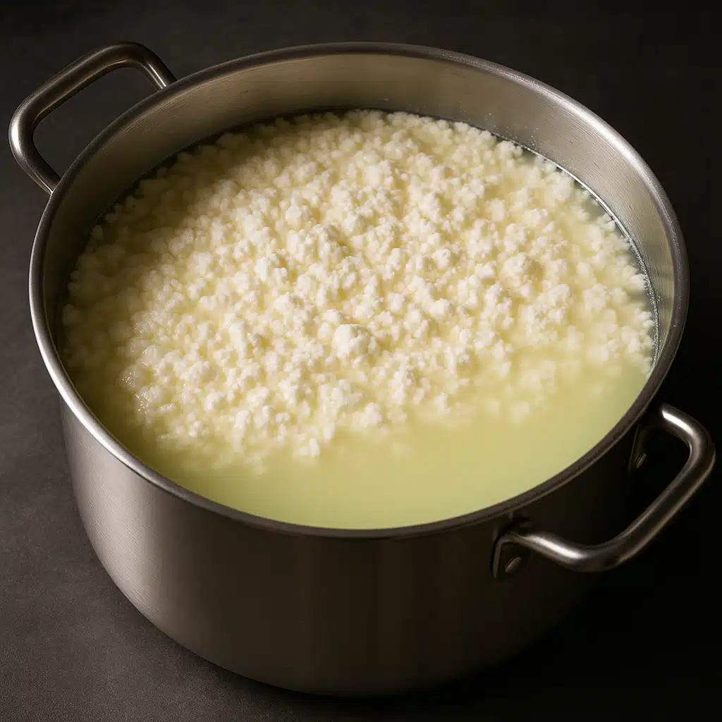 Traditional cheese-making process showing milk curds separating from clear whey in a stainless steel pot, educational food preparation scene with professional lighting