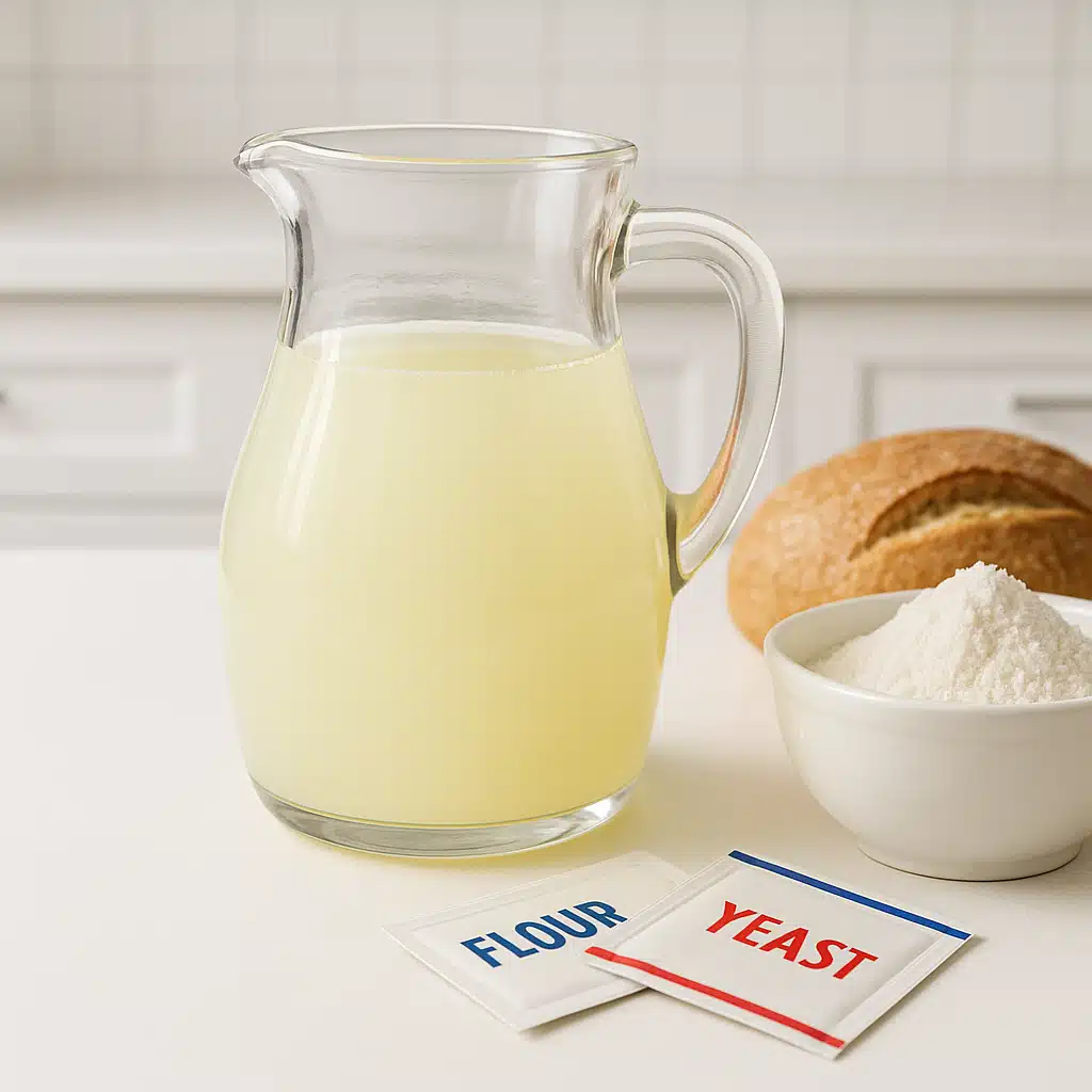 Glass pitcher filled with pale yellowish whey liquid on a clean white kitchen counter next to fresh bread ingredients including flour and yeast packets, bright professional lighting