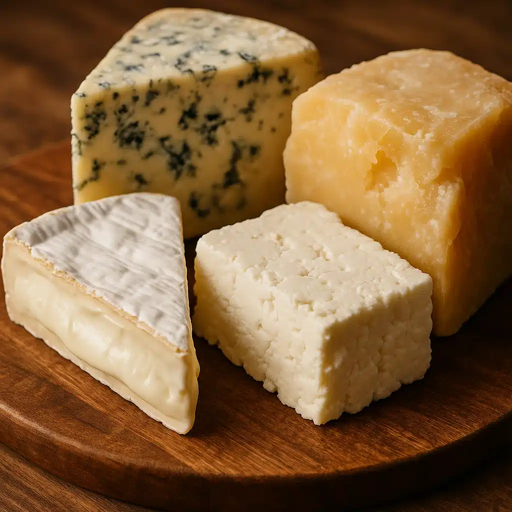 Close-up photograph of various cheese types arranged on a wooden board showing different textures from soft creamy brie to crumbly feta and hard aged parmesan, natural lighting, appetizing food photography style