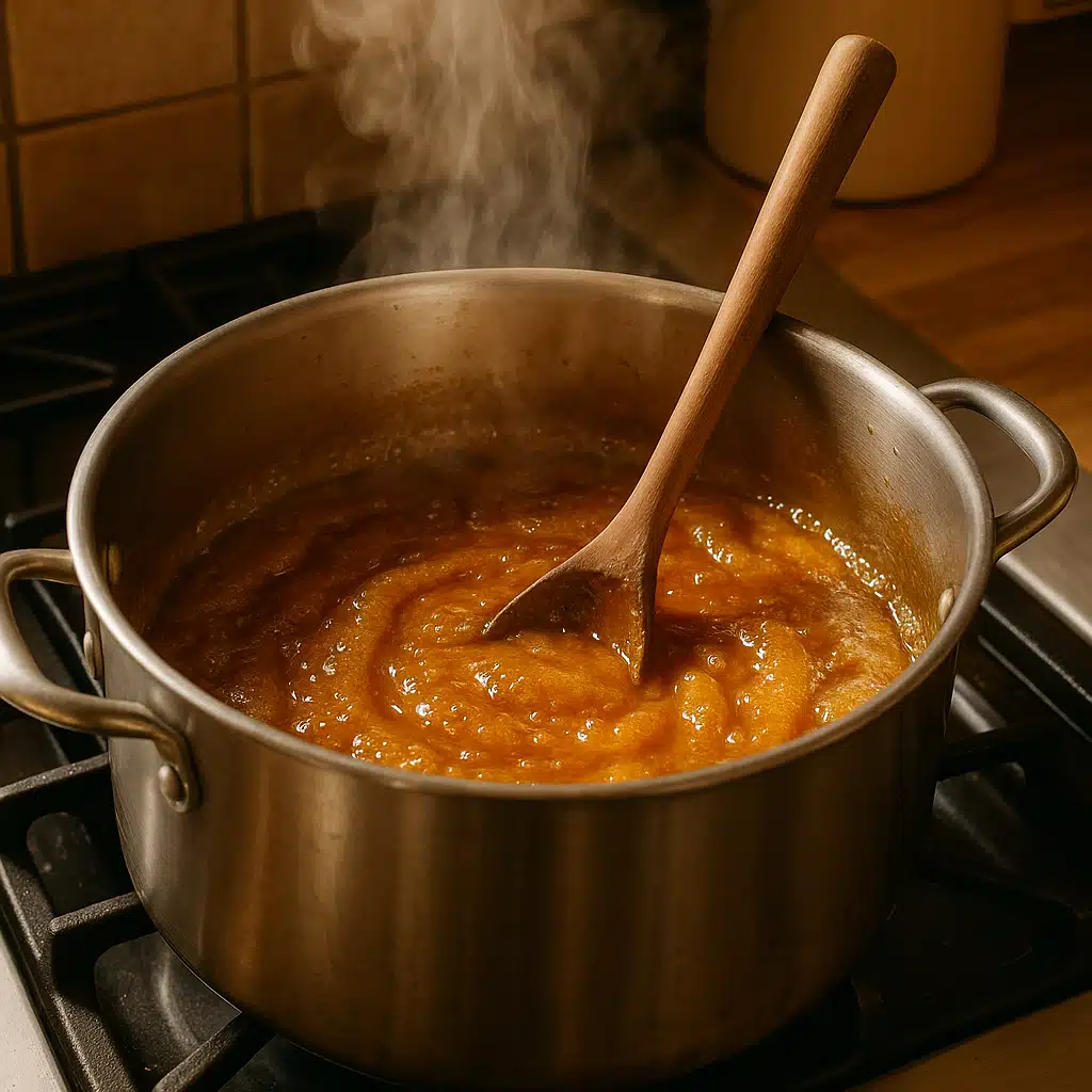 Large stainless steel pot on stovetop with golden-brown caramelized liquid being stirred, steam rising, home kitchen setting with warm lighting