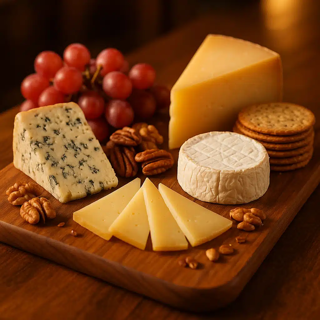 An elegant cheese board featuring a variety of cheeses arranged on a wooden board with grapes, nuts, and crackers, warm ambient lighting, inviting and sophisticated atmosphere