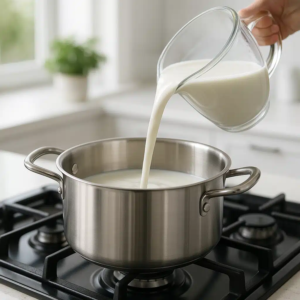 Fresh milk being poured into a stainless steel pot on a stovetop, clean kitchen environment, bright natural lighting, professional food photography style
