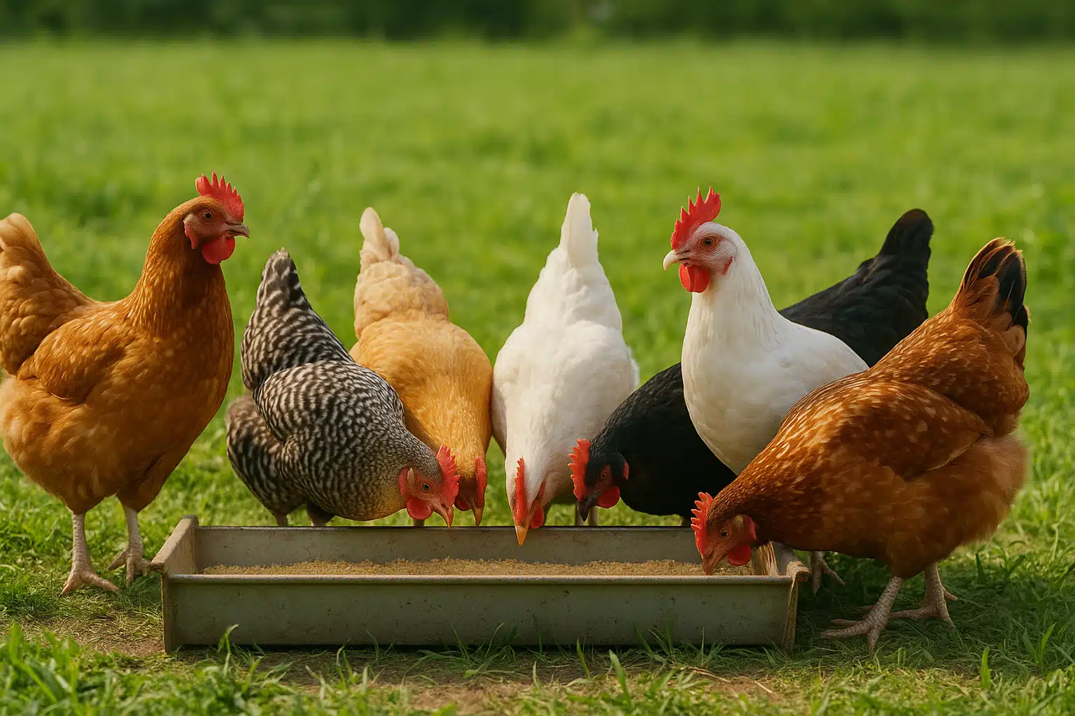 Healthy free-range chickens gathered around a feeding trough in a clean farm environment, diverse chicken breeds, green pasture background, bright natural lighting, agricultural lifestyle photography