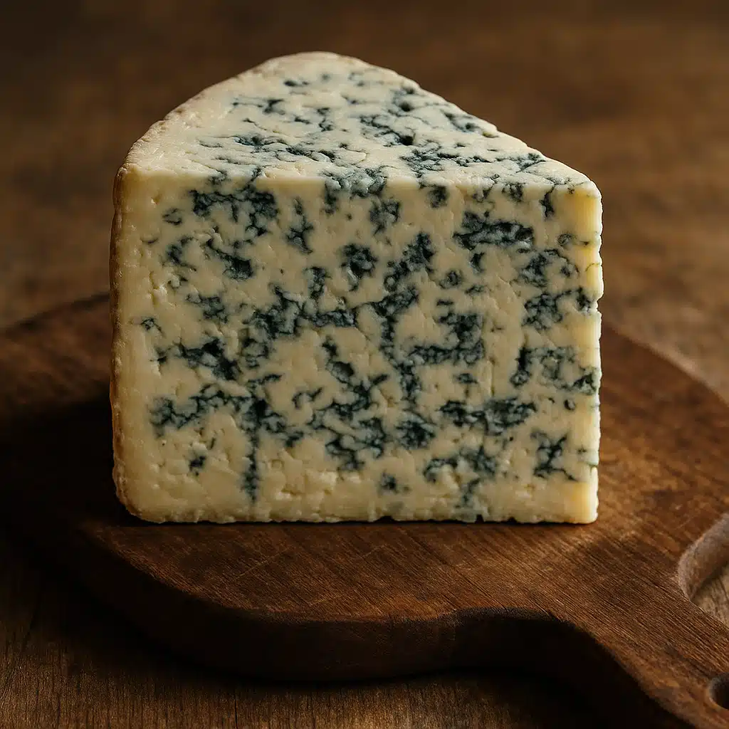 Wedge of artisanal blue cheese with characteristic blue-green veining on a rustic wooden board, soft natural lighting, appetizing close-up composition