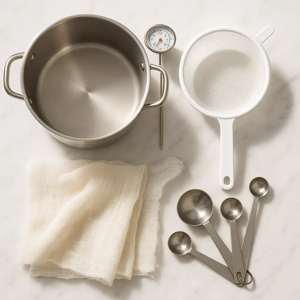 Organized cheese-making equipment layout including stainless steel pot, thermometer, cheesecloth, strainer, and measuring spoons on clean marble countertop, bright natural lighting
