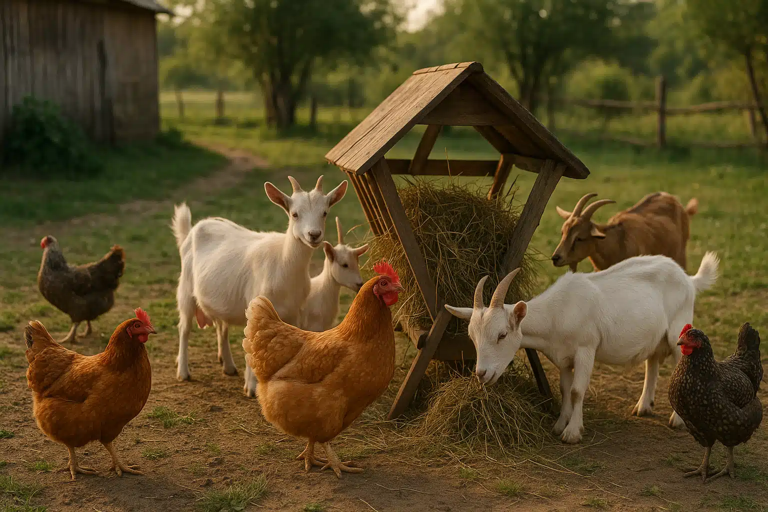 Farm animals including chickens and goats near feeding area on a rural homestead, natural outdoor environment, pastoral scene with healthy animals