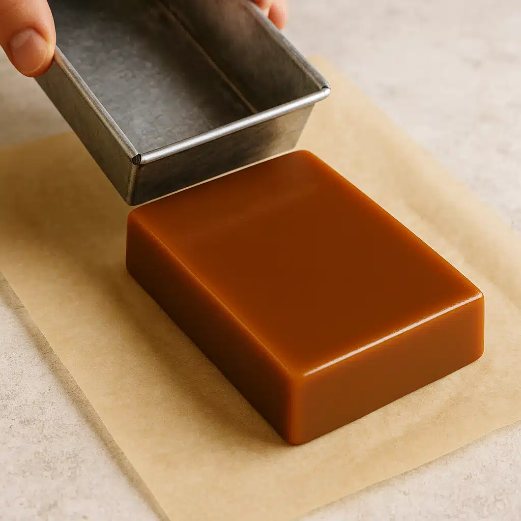 Finished brown caramel cheese being unmolded from rectangular container onto parchment paper, showing smooth surface and firm fudge-like consistency, professional food photography