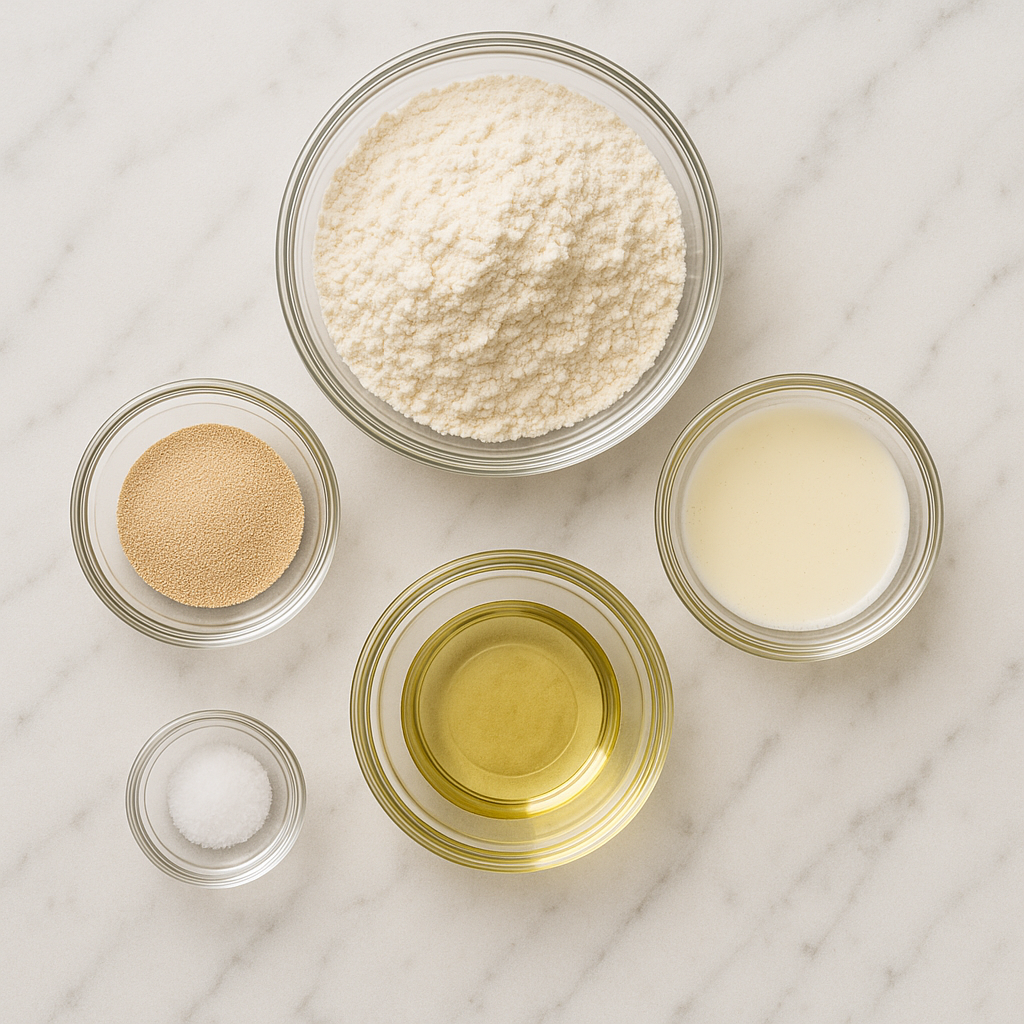 Overhead view of all bread ingredients neatly arranged and measured in small glass bowls on a marble countertop, including flour, yeast, whey, oil, and salt, clean and organized cooking setup
