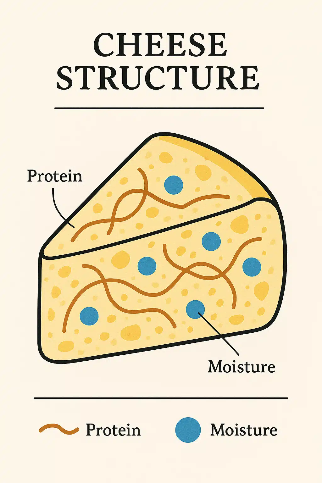 Scientific illustration style image showing cheese protein structure and moisture molecules in cross-section view, educational diagram aesthetic with clean modern design