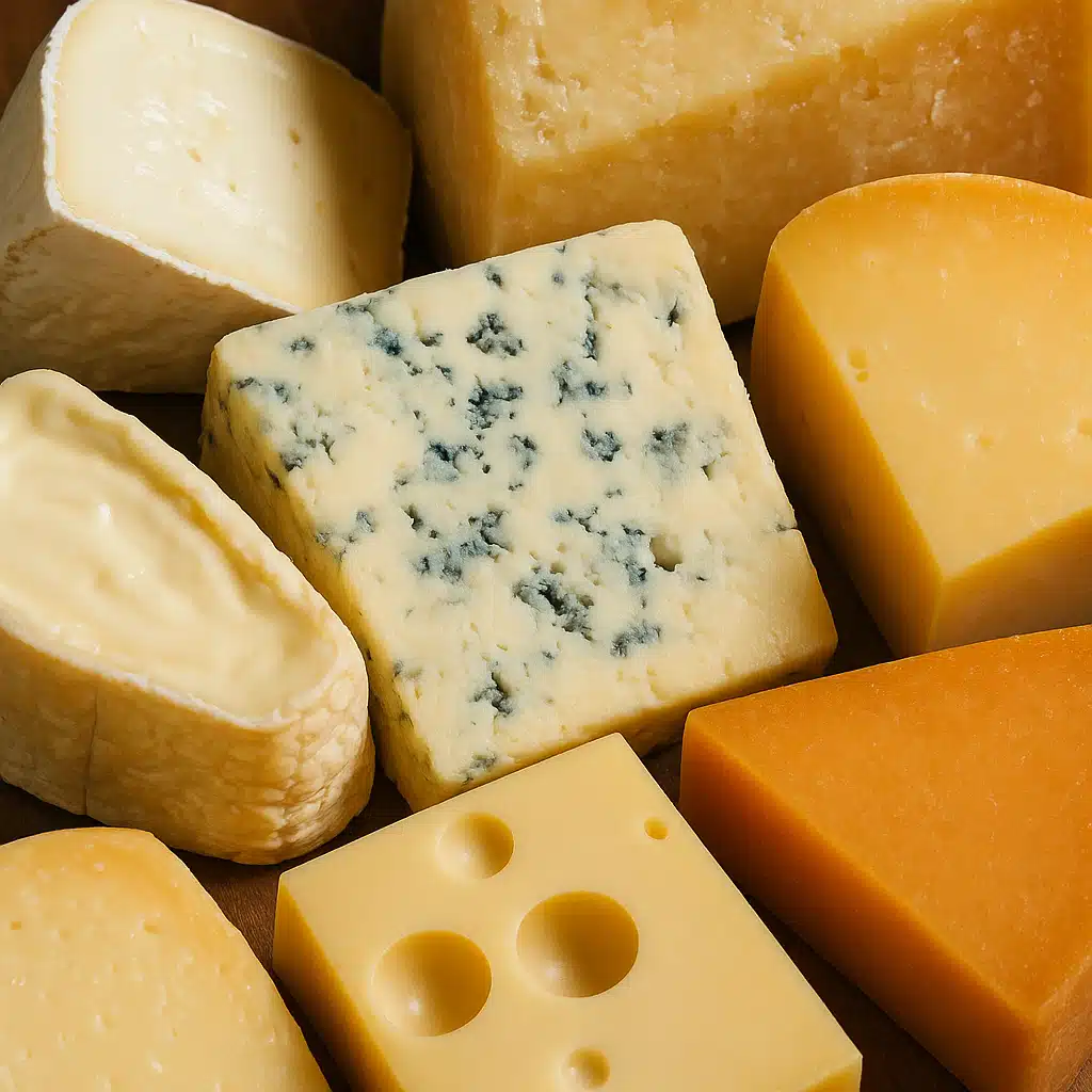 Close-up view of various cheese varieties arranged by type, showing different textures from soft to hard, natural lighting, educational and appetizing presentation