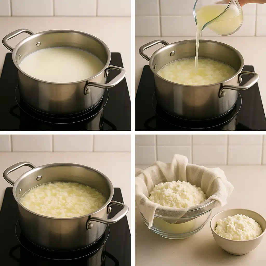 Step-by-step sequence showing whey heating in pot, acid being added, curds forming and floating, straining through cheesecloth, finished ricotta in bowl, professional food photography with soft natural lighting