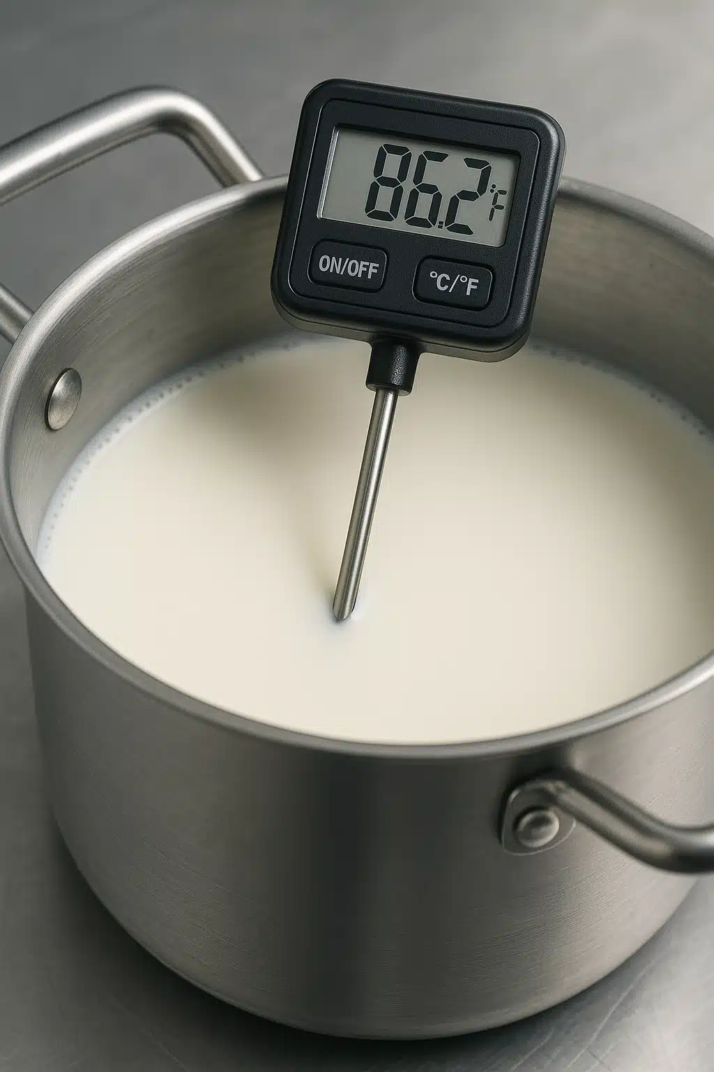 Digital cooking thermometer measuring milk temperature in a large pot, close-up shot, stainless steel equipment, precise and technical composition