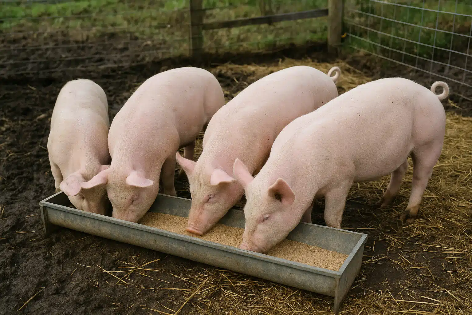 Content pigs feeding from a clean trough in a well-maintained pen, outdoor setting with mud and straw, healthy animals, farm environment, documentary-style agricultural photography