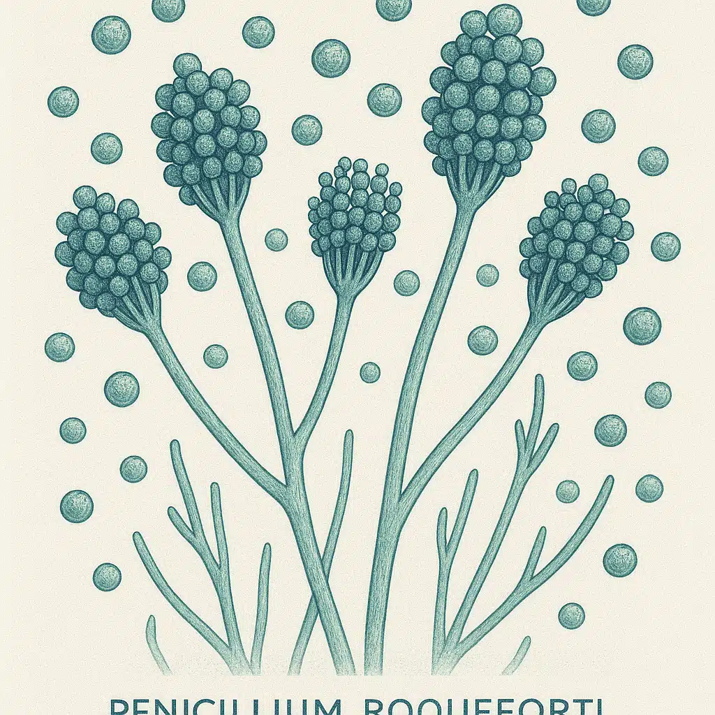 Microscopic view illustration of Penicillium roqueforti mold spores in artistic scientific style, blue and green tones, educational and clean presentation