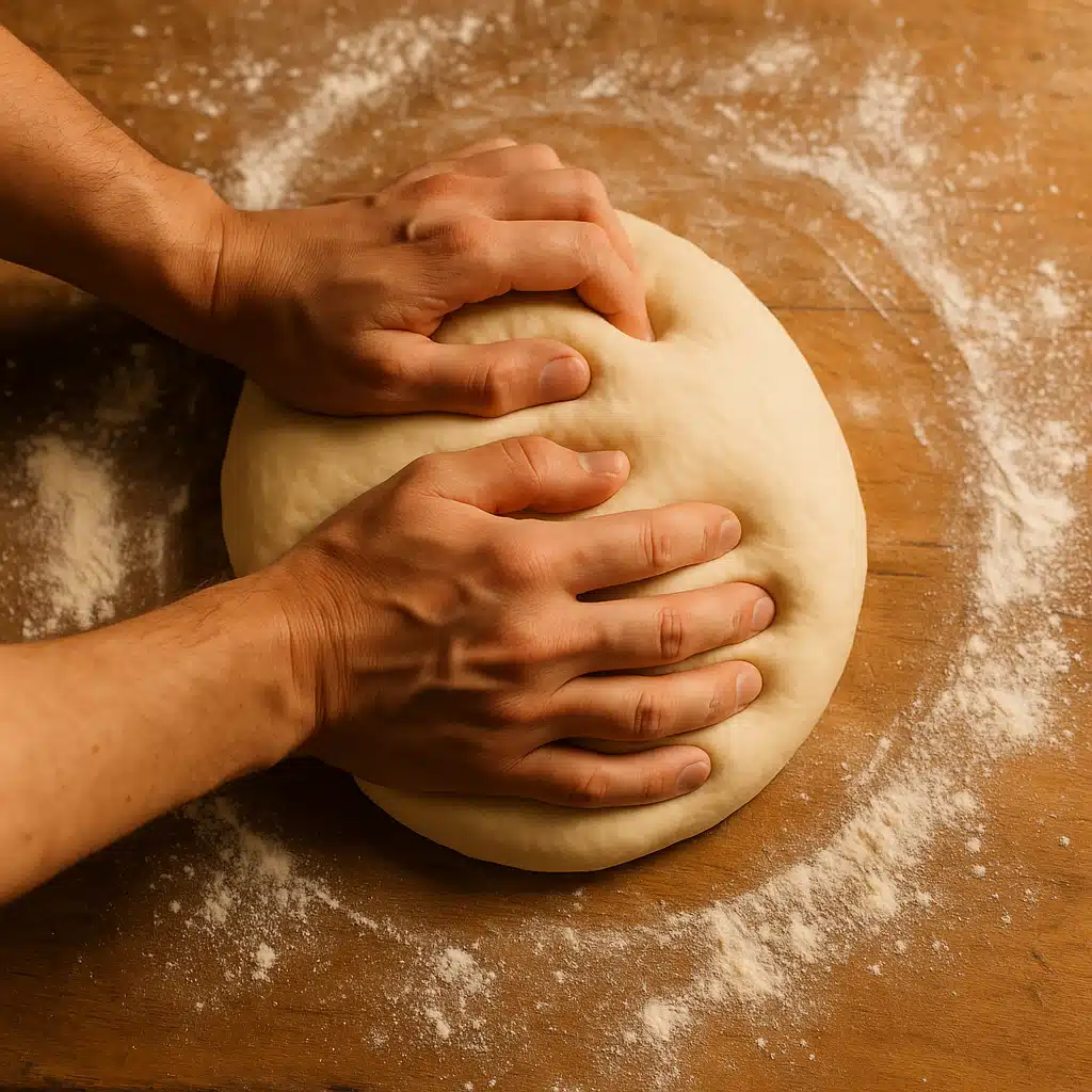 Hands kneading smooth bread dough on a floured wooden surface, showing proper technique with flour dusted around, warm kitchen lighting, instructional cooking photography style