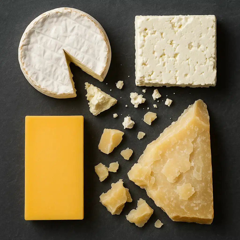 Artistic flat lay composition of international cheese varieties displaying texture diversity including soft brie, crumbly feta, semi-hard cheddar and crystalline aged parmesan on slate background, professional food styling