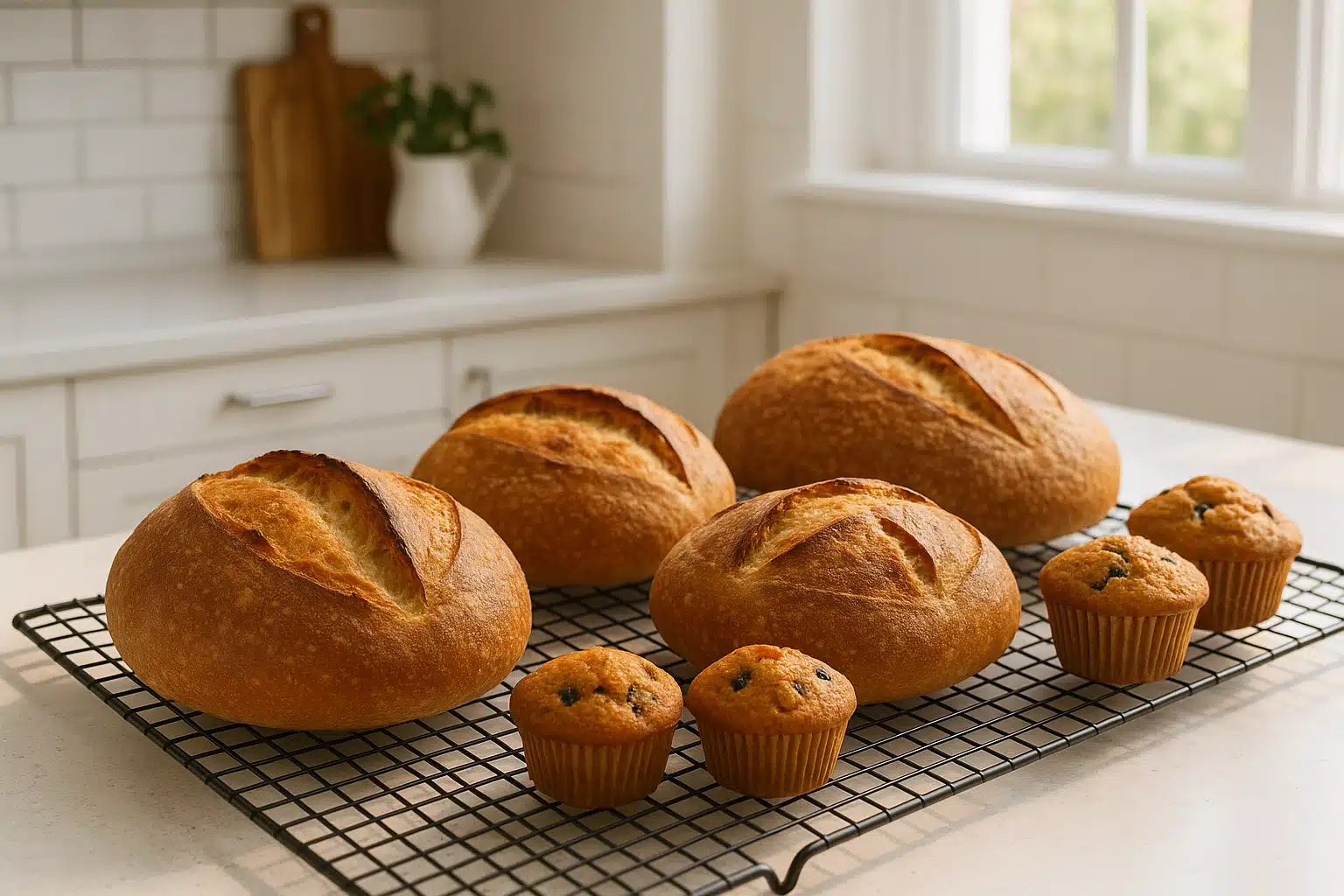 Freshly baked artisan bread loaves and muffins on cooling rack in bright modern kitchen, warm golden brown crusts, home baking atmosphere
