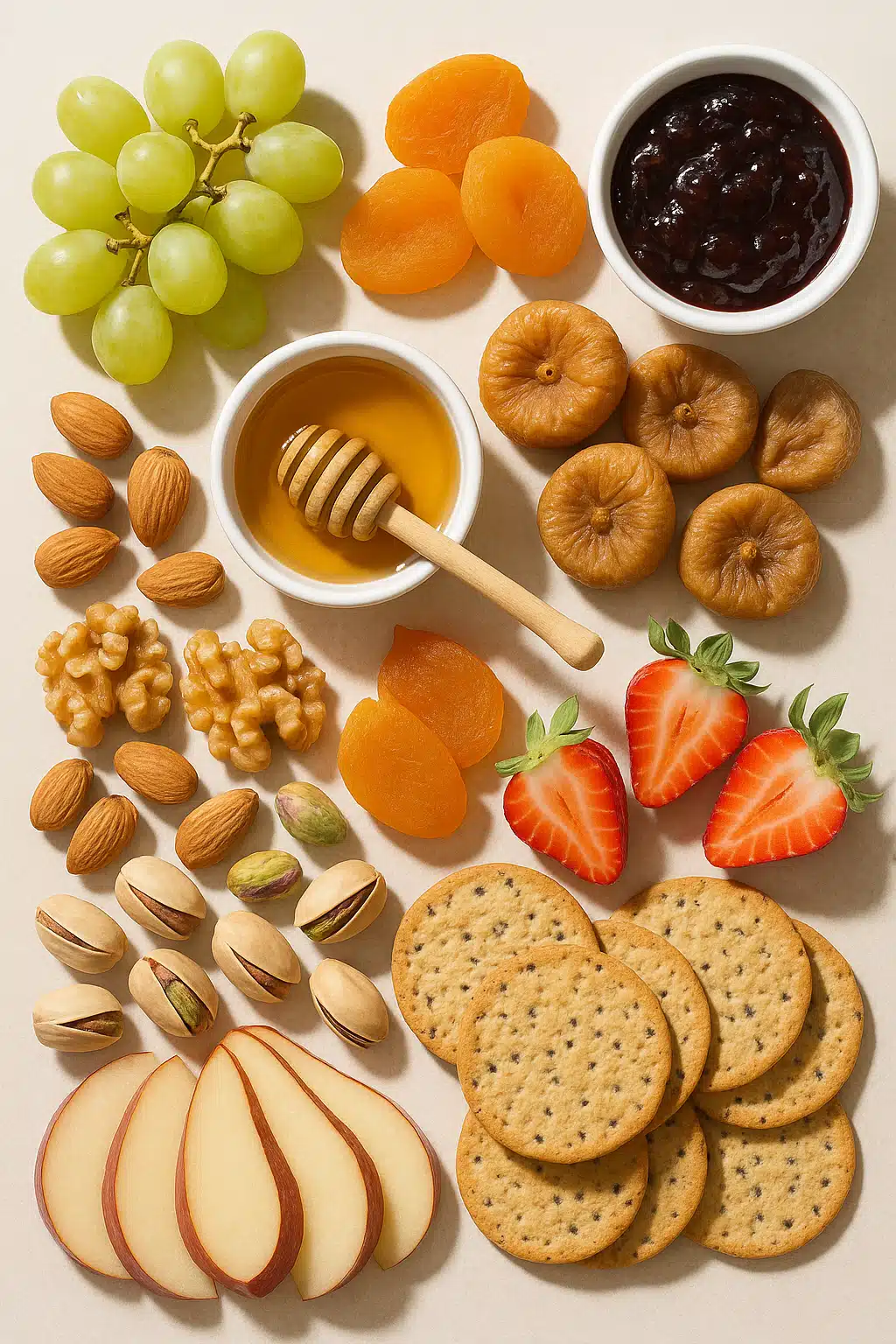 Artfully arranged accompaniments for cheese tasting including fresh and dried fruits, assorted nuts, honey in a small bowl, crackers, and preserves on a neutral background, overhead view, bright natural lighting