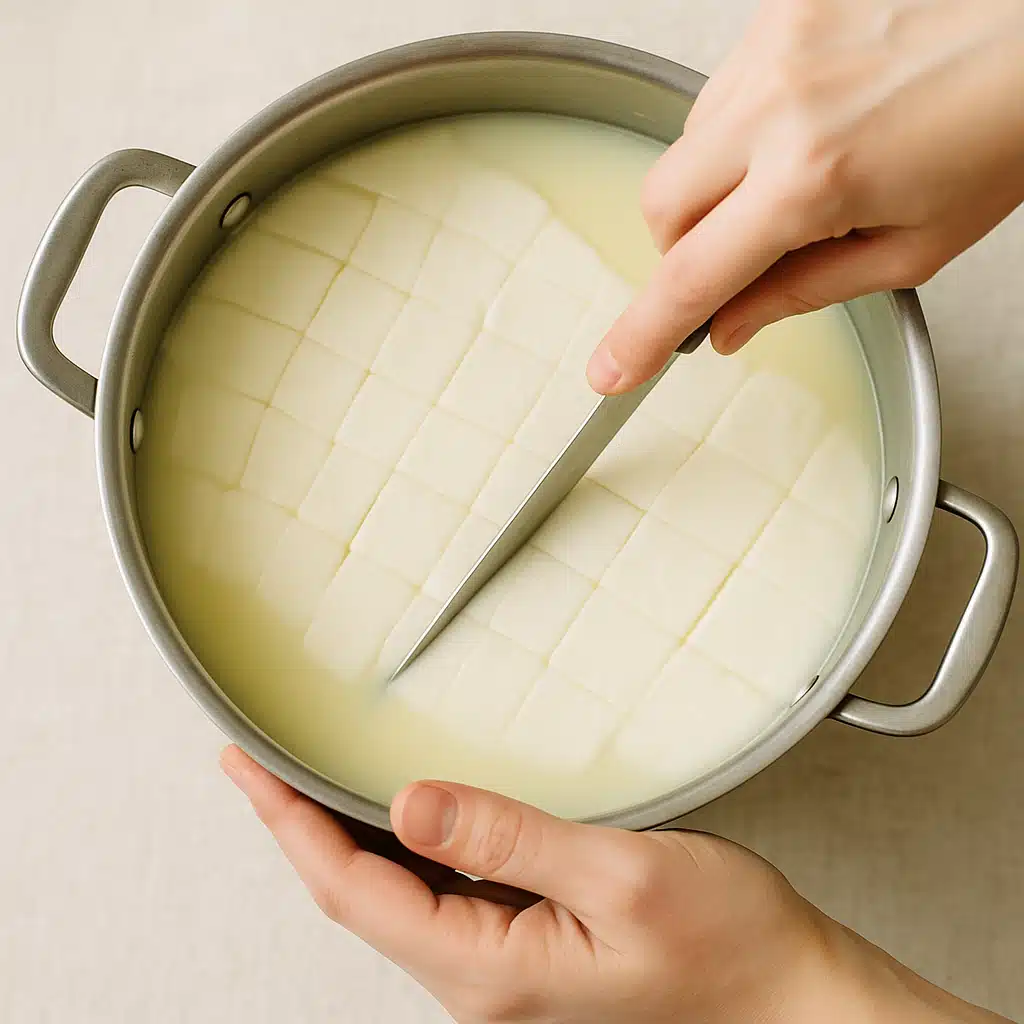 Hands gently cutting fresh cheese curds in a pot with a long knife, overhead view, soft focus background, instructional cooking photography style