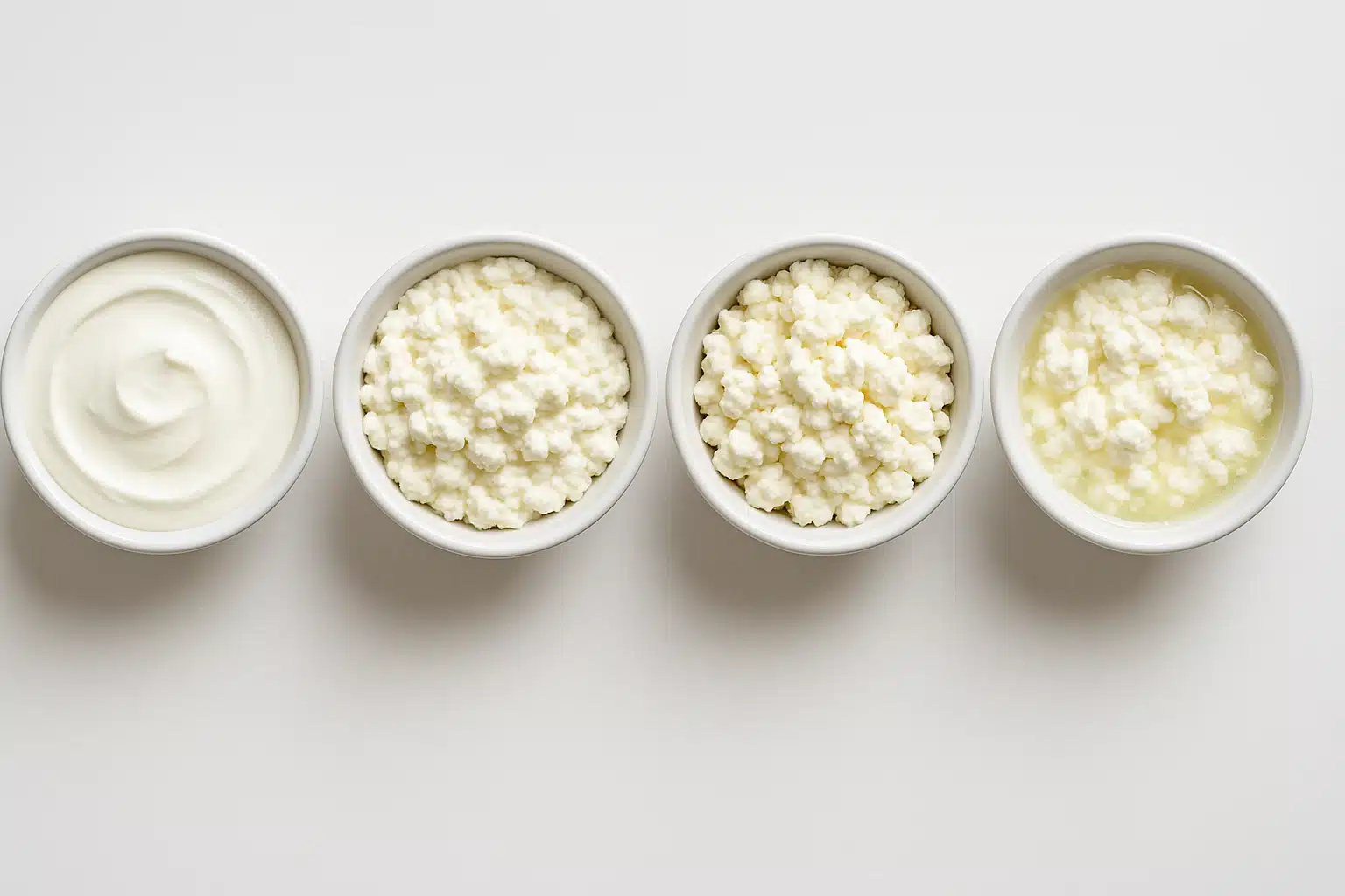 Comparison showing different ricotta textures from perfect creamy consistency to common problems like grainy or watery results, educational side-by-side food photography on white background