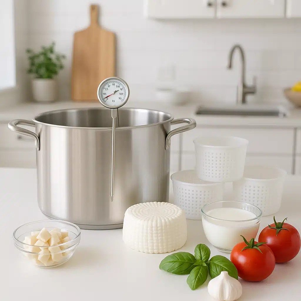 Home kitchen setup with cheesemaking equipment including stainless steel pot, thermometer, cheese molds, and fresh ingredients on clean counter, bright and inviting atmosphere
