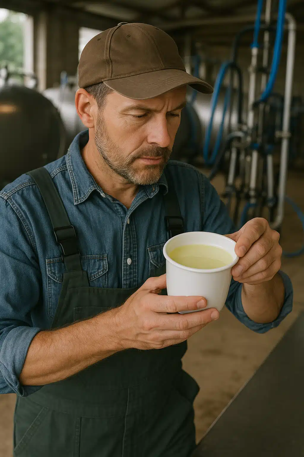 A farmer inspecting fresh whey quality in a clean container, checking color and consistency, farm setting with dairy equipment in background, professional agricultural practice, educational photography style