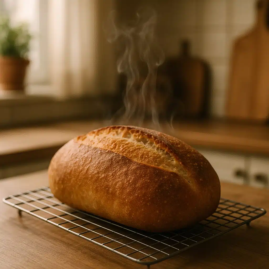 Freshly baked bread loaf cooling on a metal wire rack with steam rising slightly, warm golden crust visible, cozy kitchen background with soft natural lighting