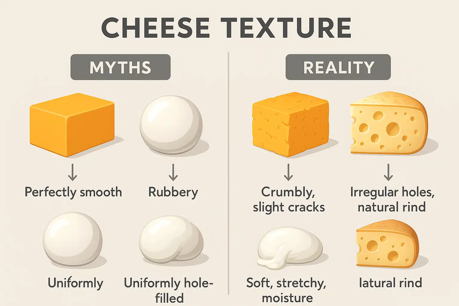 Split comparison image showing cheese texture myths versus reality, educational infographic style with clear visual examples of different cheese types, modern clean design with annotations