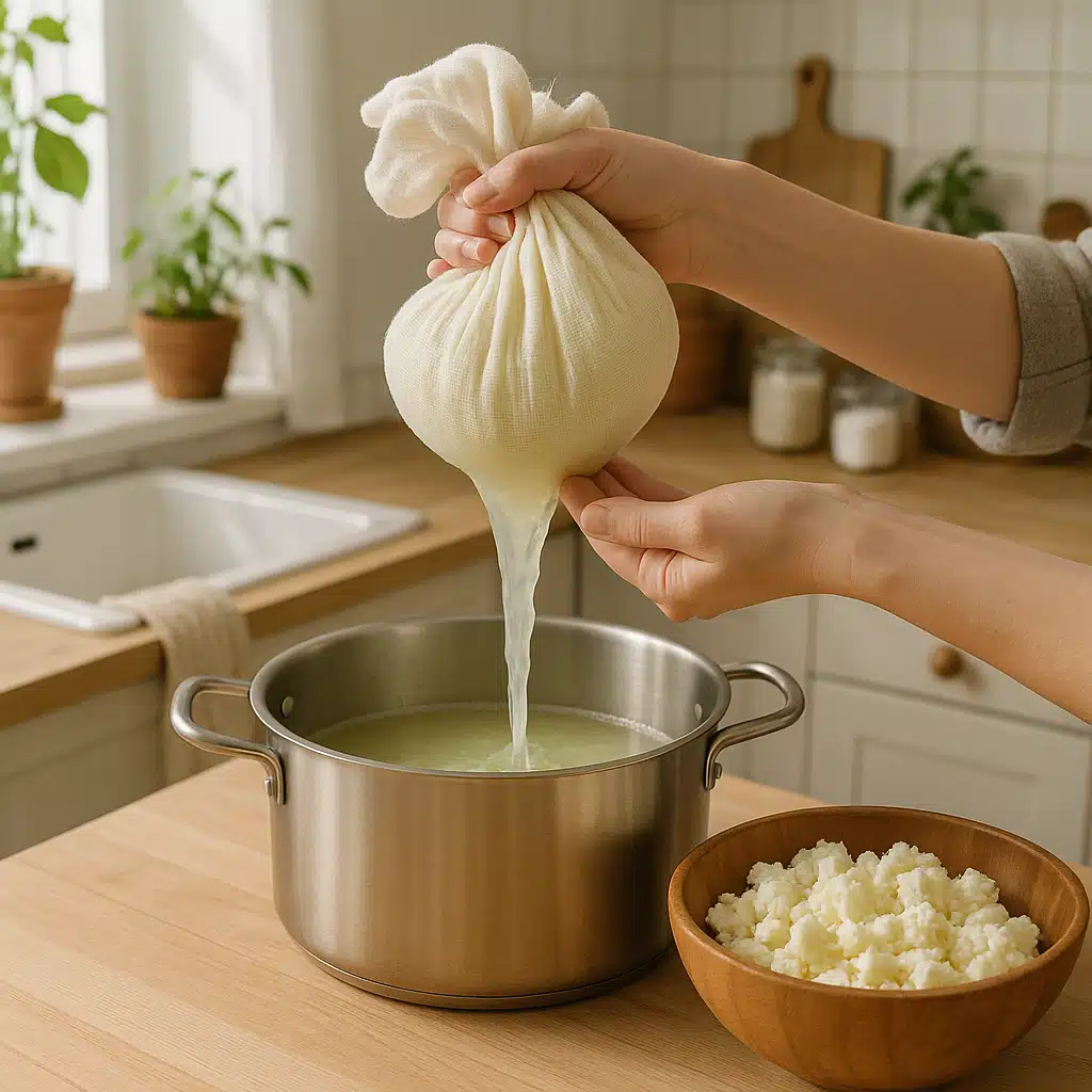 Sustainable kitchen scene showing whey being poured from cheese cloth into cooking pot, with fresh cheese curds visible, emphasizing zero-waste cooking concept, bright natural kitchen lighting