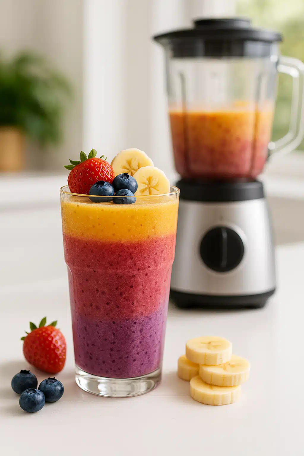 Colorful smoothie in clear glass with fresh berries and banana slices on clean white counter, blender in background, healthy lifestyle setting