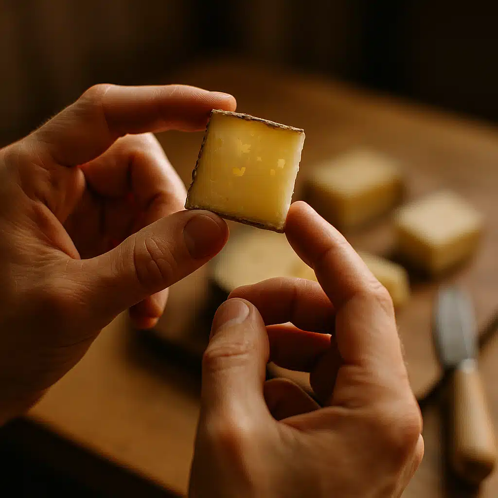 Hands holding a small piece of artisan cheese up to the light, examining texture and color, soft focus background showing cheese board, intimate and educational atmosphere