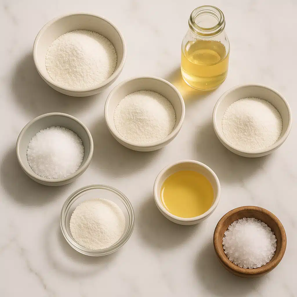 Array of cheesemaking ingredients and cultures in small bowls and containers, including white powder cultures, liquid rennet, and salt, arranged on marble surface with soft lighting