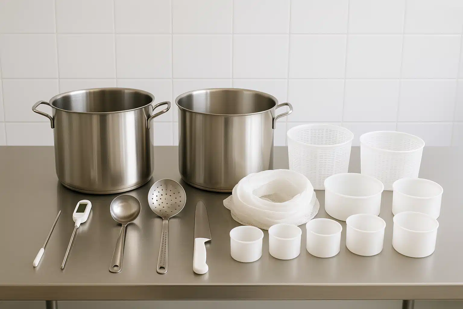 Clean and organized cheese making equipment laid out on a sanitized stainless steel counter, including pots, utensils, and molds, bright and sterile kitchen environment