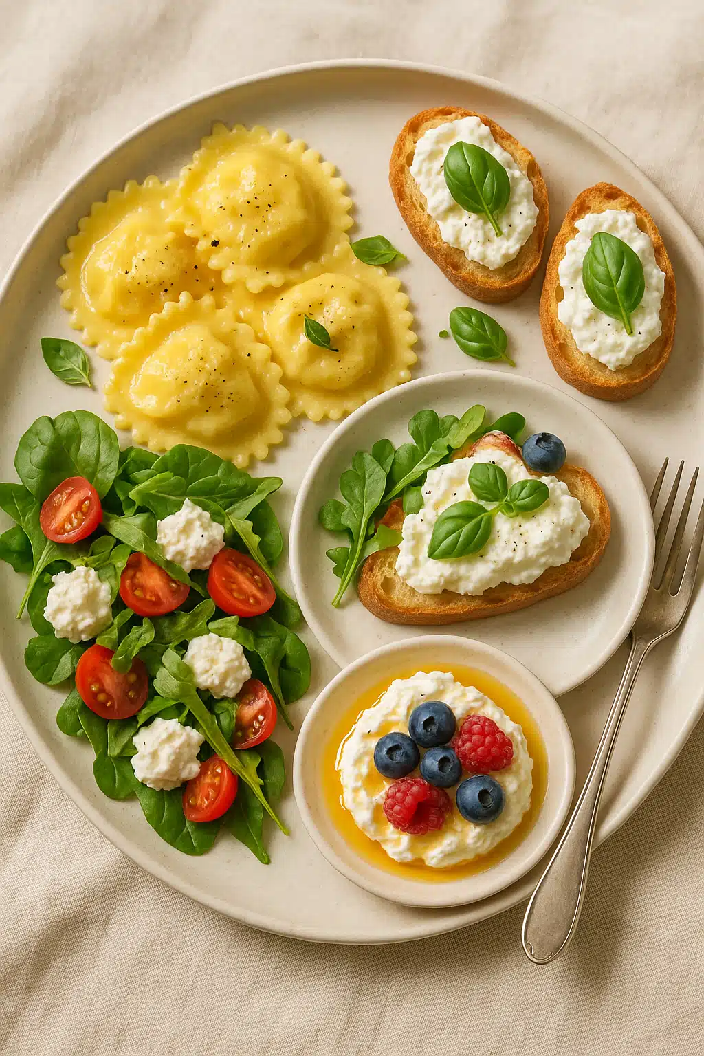 Elegant platter showing various dishes featuring ricotta including stuffed pasta, spread on crostini, mixed in salad, and as dessert with honey and berries, beautiful food styling with natural lighting