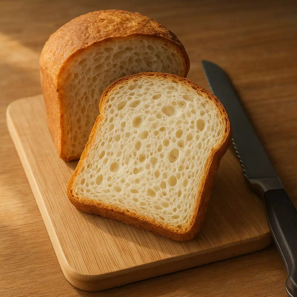 Sliced whey bread showing soft, even crumb texture with visible air pockets, placed on a cutting board next to a bread knife, natural lighting highlighting the texture detail