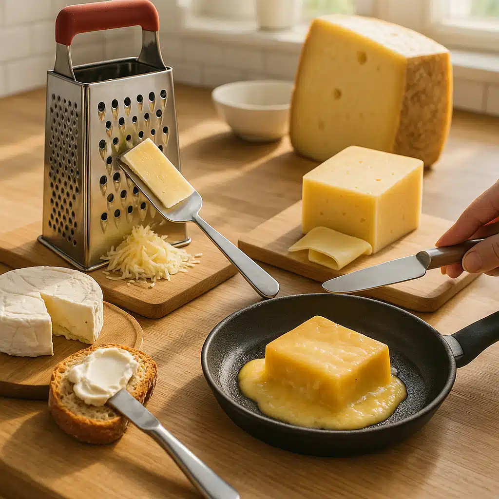 Kitchen scene showing different cheeses being used for various culinary purposes including grating, slicing, spreading and melting, bright natural lighting, practical cooking photography style