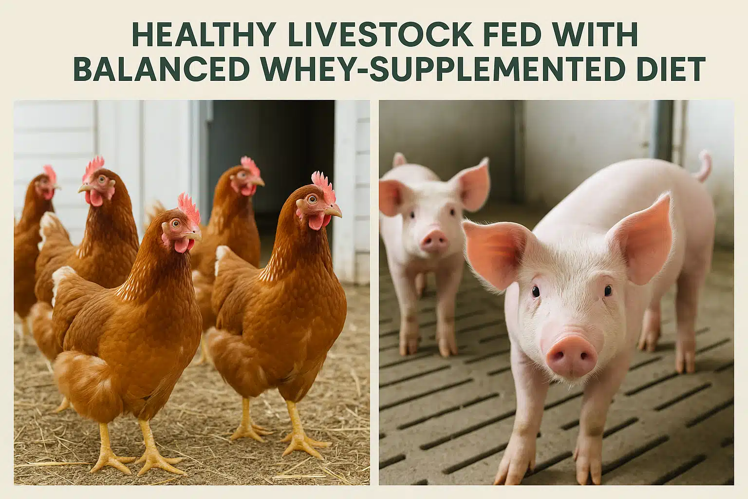 Side-by-side comparison showing healthy livestock fed with balanced whey-supplemented diet, vibrant chickens and pigs in clean environments, educational infographic style, bright and clear professional photography
