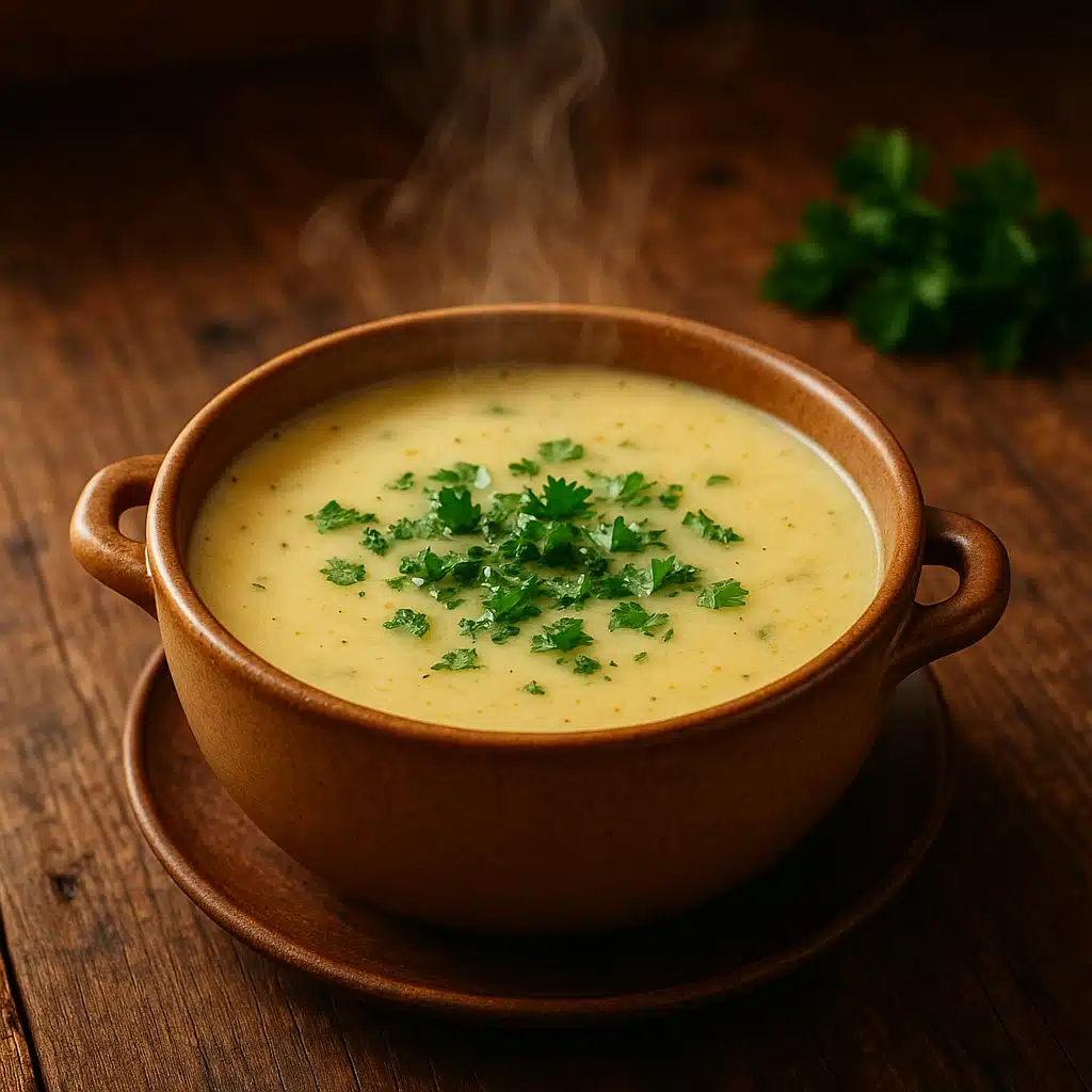 Steaming bowl of creamy soup with herbs garnish on rustic wooden table, warm lighting, comfort food presentation