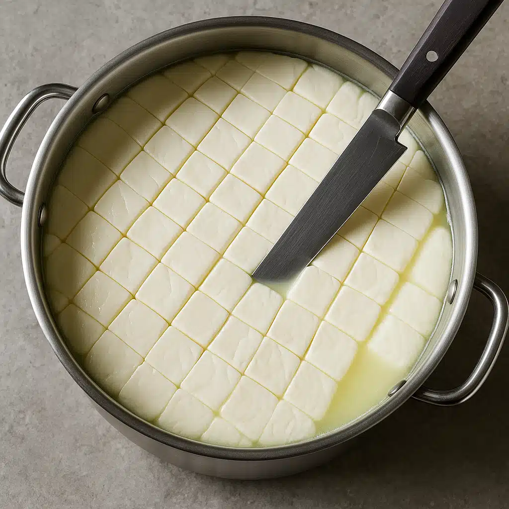 Cheese curds being cut in stainless steel pot with long knife, showing clean cuts and separated whey, overhead view with good lighting showing texture detail