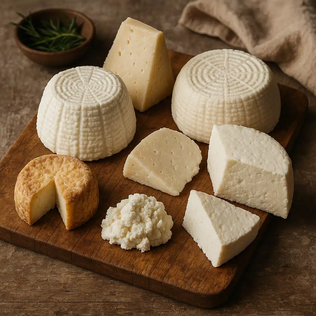 Rustic wooden board displaying various types of whey cheeses from different cultures including soft white ricotta, pressed variations, and aged versions, artisanal food photography with Mediterranean aesthetic