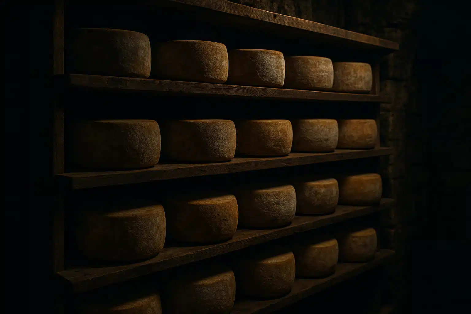 Aging cheese wheels on wooden shelves in a temperature-controlled environment, rustic cheese cave aesthetic, moody atmospheric lighting, artisanal food production concept