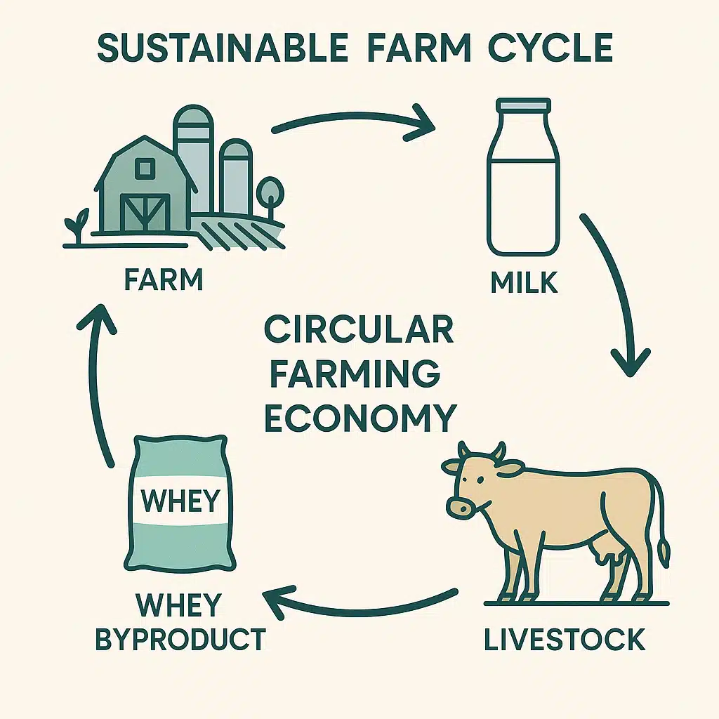 Sustainable farm cycle diagram showing whey byproduct being fed to livestock, illustrated concept of circular farming economy, clean modern infographic style, educational and informative aesthetic